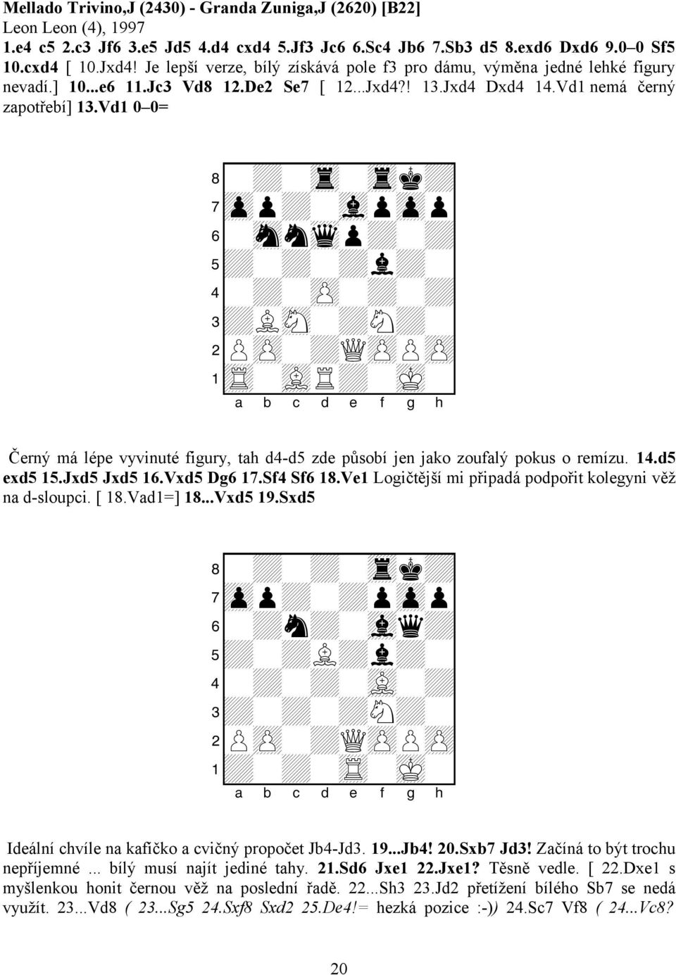 Vd1 0 0= 8-+-tr-trk+0 7zpp+-vlpzpp0 6-snnwqp+-+0 5+-+-+l+-0 4-+-zP-+-+0 3+LsN-+N+-0 2PzP-+QzPPzP0 1tR-vLR+-mK-0 Černý má lépe vyvinuté figury, tah d4-d5 zde působí jen jako zoufalý pokus o remízu. 14.