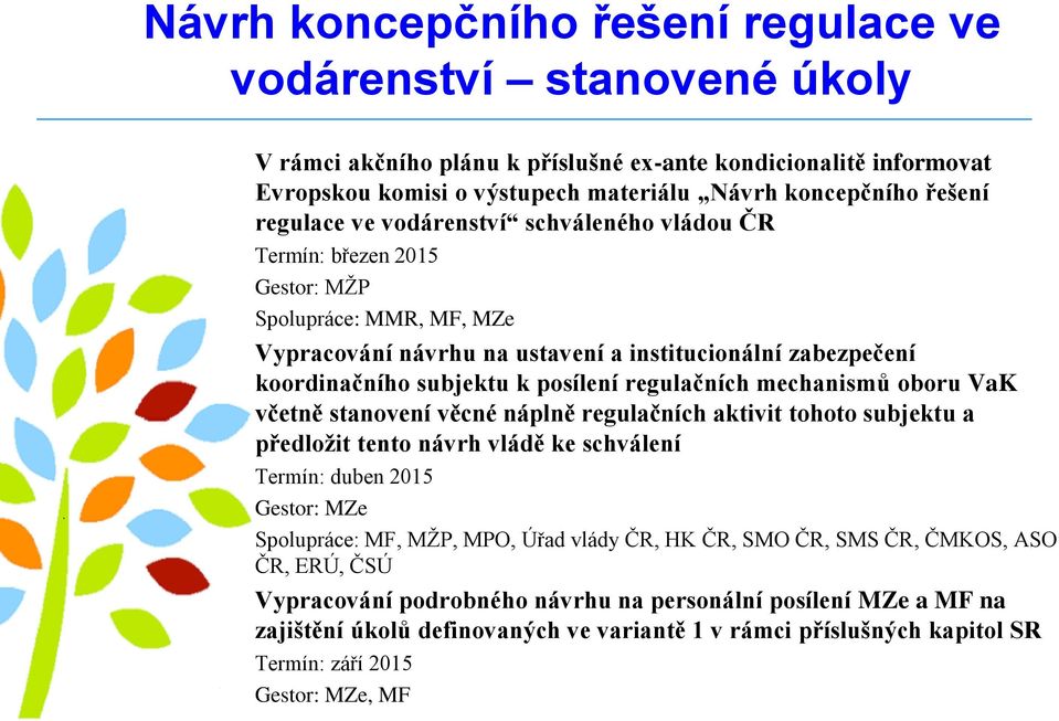 včetně stanovení věcné náplně regulačních aktivit tohoto subjektu a předložit tento návrh vládě ke schválení Termín: duben 2015 Gestor: MZe Spolupráce: MF, MŽP, MPO, Úřad vlády ČR, HK ČR, SMO ČR,