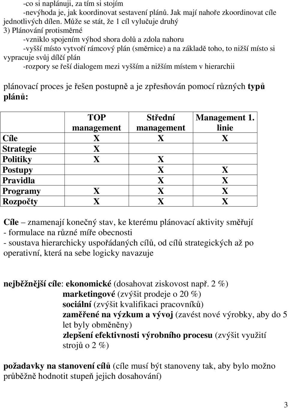 vypracuje svůj dílčí plán -rozpory se řeší dialogem mezi vyšším a nižším místem v hierarchii plánovací proces je řešen postupně a je zpřesňován pomocí různých typů plánů: TOP management Střední