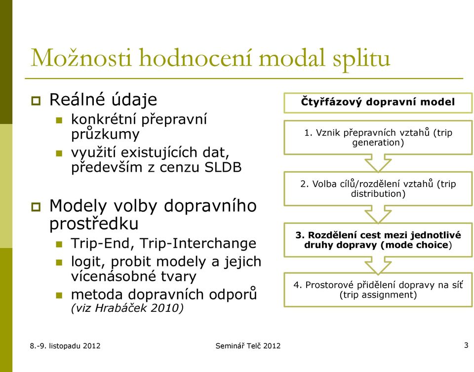 dopravních odporů (viz Hrabáček 2010) 1. Vznik přepravních vztahů (trip generation) 2.