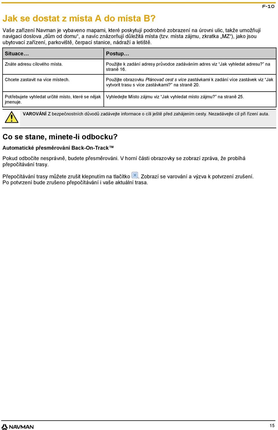 místa zájmu, zkratka MZ ), jako jsou ubytovací zařízení, parkoviště, čerpací stanice, nádraží a letiště. F-10 Situace Znáte adresu cílového místa. Chcete zastavit na více místech.