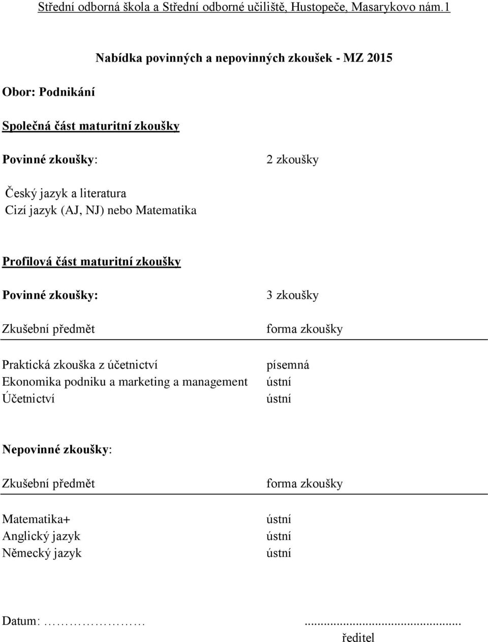 a literatura Cizí jazyk (AJ, NJ) nebo Matematika Profilová část maturitní zkoušky Povinné zkoušky: Zkušební předmět Praktická zkouška z