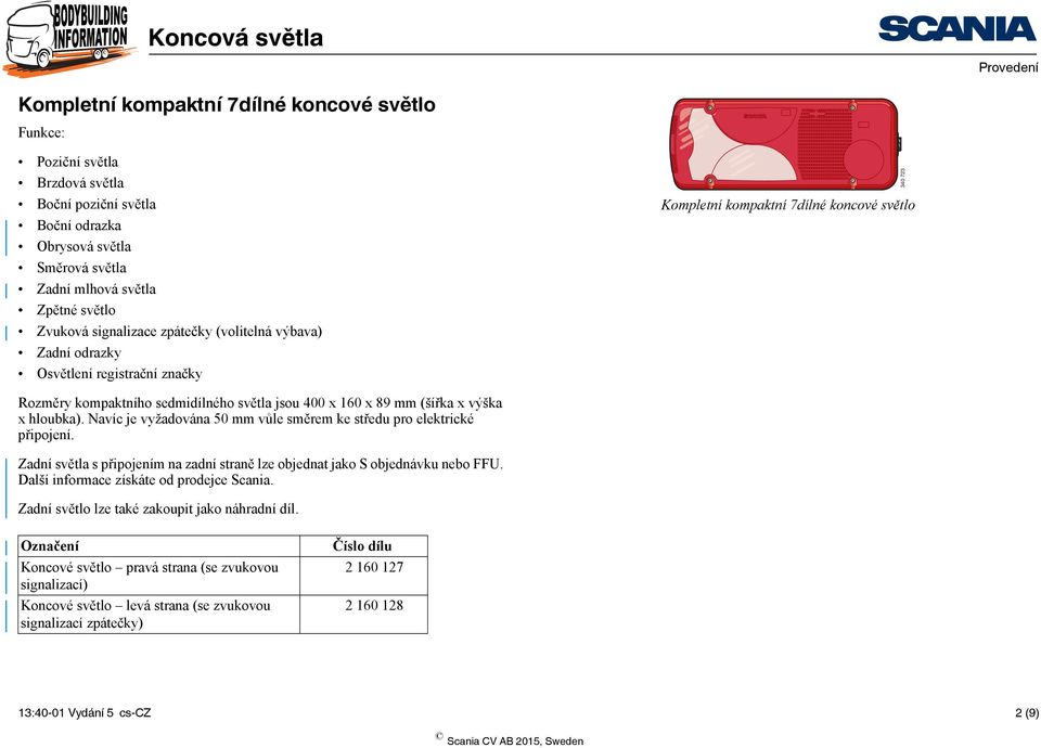 mm (šířka x výška x hloubka). Navíc je vyžadována vůle směrem ke středu pro elektrické připojení. Zadní světla s připojením na zadní straně lze objednat jako S objednávku nebo FFU.