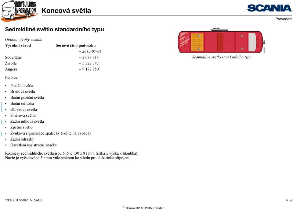 světla Zpětné světlo Zvuková signalizace zpátečky (volitelná výbava) Zadní odrazky Osvětlení registrační značky Rozměry sedmidílného světla jsou 515 x 130