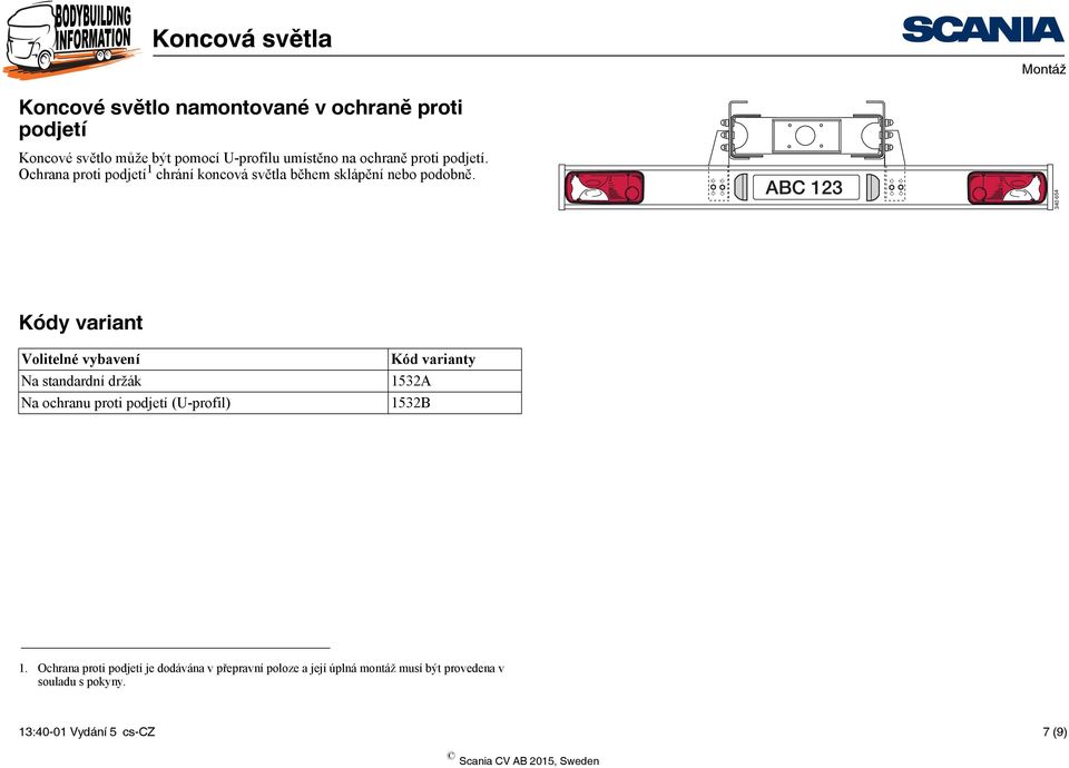 Kódy variant Volitelné vybavení Na standardní držák Na ochranu proti podjetí (U-profil) Kód varianty 1532A 1532B 1.