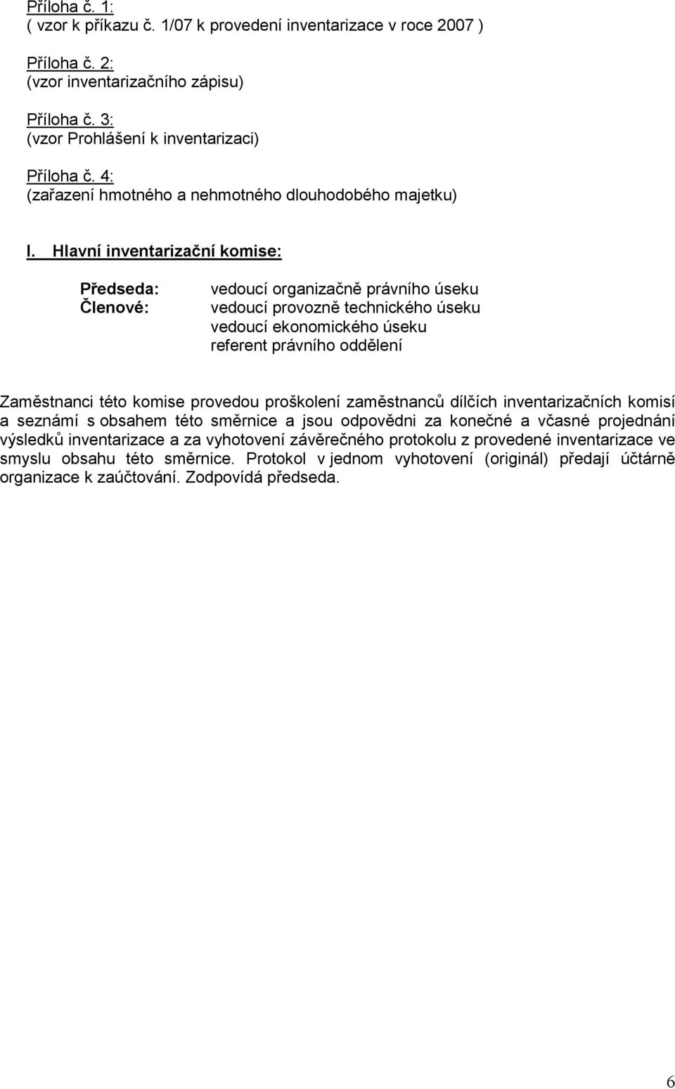 Hlavní inventarizační komise: Předseda: Členové: vedoucí organizačně právního úseku vedoucí provozně technického úseku vedoucí ekonomického úseku referent právního oddělení Zaměstnanci této komise