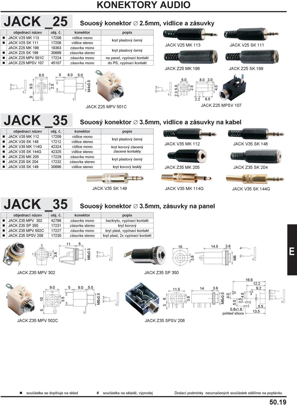 MK 113 JACK V25 SK 111 JACK Z25 MK 198 JACK Z25 SK 199 JACK Z25 MPV 501C JACK _35 konektor popis n JACK V35 MK 112 17209 vidlice mono n JACK V35 SK 148 17212 vidlice stereo Souosý konektor Æ 3.