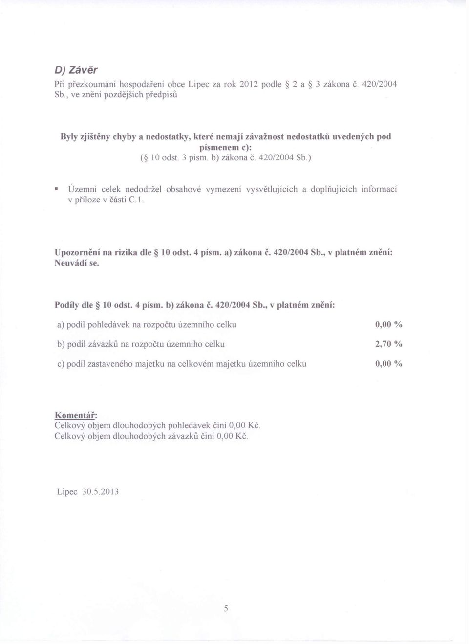 ) Územní celek nedodržel obsahové vymezení vysvětlujících a doplňujících informací v příloze v části C. 1. Upozornění na rizika dle 10 odst. 4 písmo a) zákona č. 420/2004 Sb.