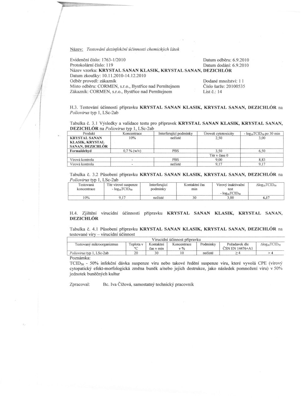 1 Výsledky a validace testu pro přípravek KRYSTAL SANAN KLASIK, KRYSTAL SANAN, DEZICHLOR na Poliovirus typ 1, LSc-2ab Produkt Koncentrace Interferujicí Úroveň cytotoxicity - lo~1otcidso po 30 min