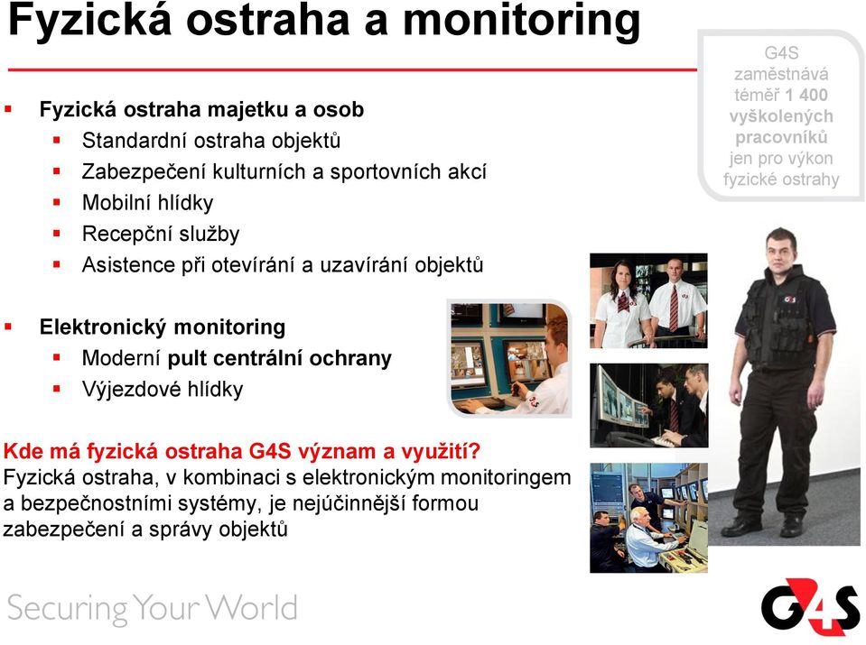 výkon fyzické ostrahy Elektronický monitoring Moderní pult centrální ochrany Výjezdové hlídky Kde má fyzická ostraha G4S význam a