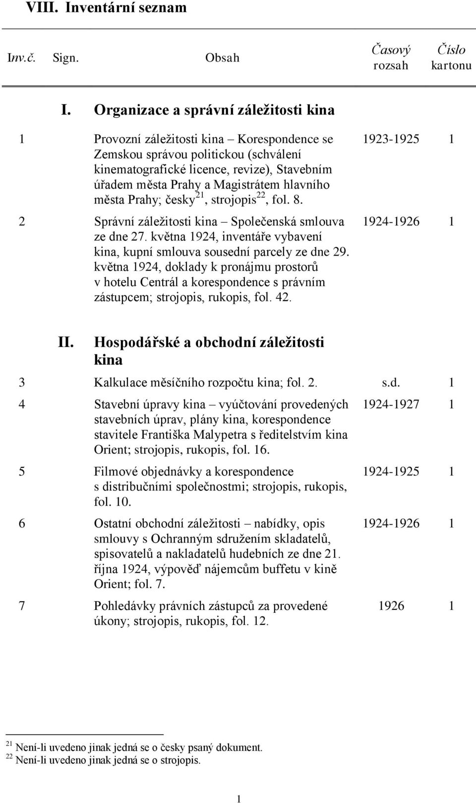 hlavního města Prahy; česky 21, strojopis 22, fol. 8. 2 Správní záležitosti kina Společenská smlouva ze dne 27. května 1924, inventáře vybavení kina, kupní smlouva sousední parcely ze dne 29.