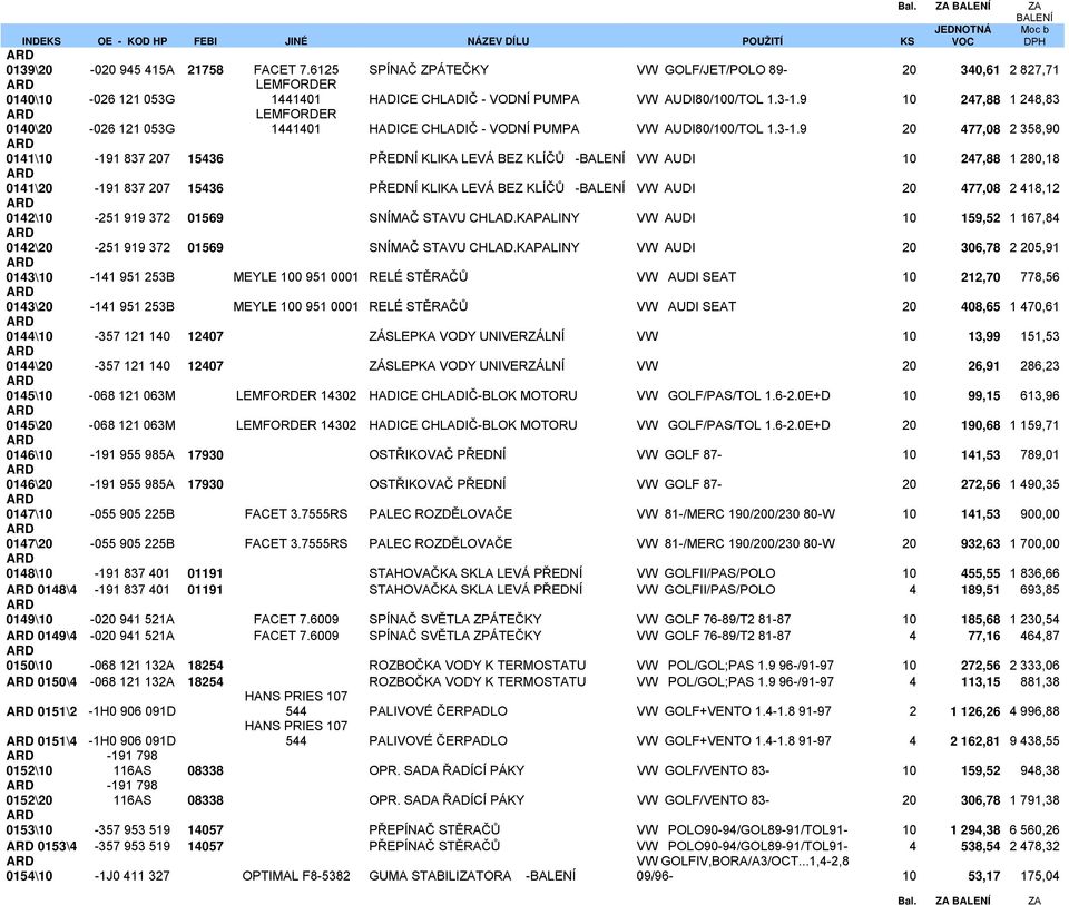 9 10 247,88 1 248,83 0140\20-026 121 053G LEMFORDER 1441401 HADICE CHLADIČ - VODNÍ PUMPA VW AUDI80/100/TOL 1.3-1.