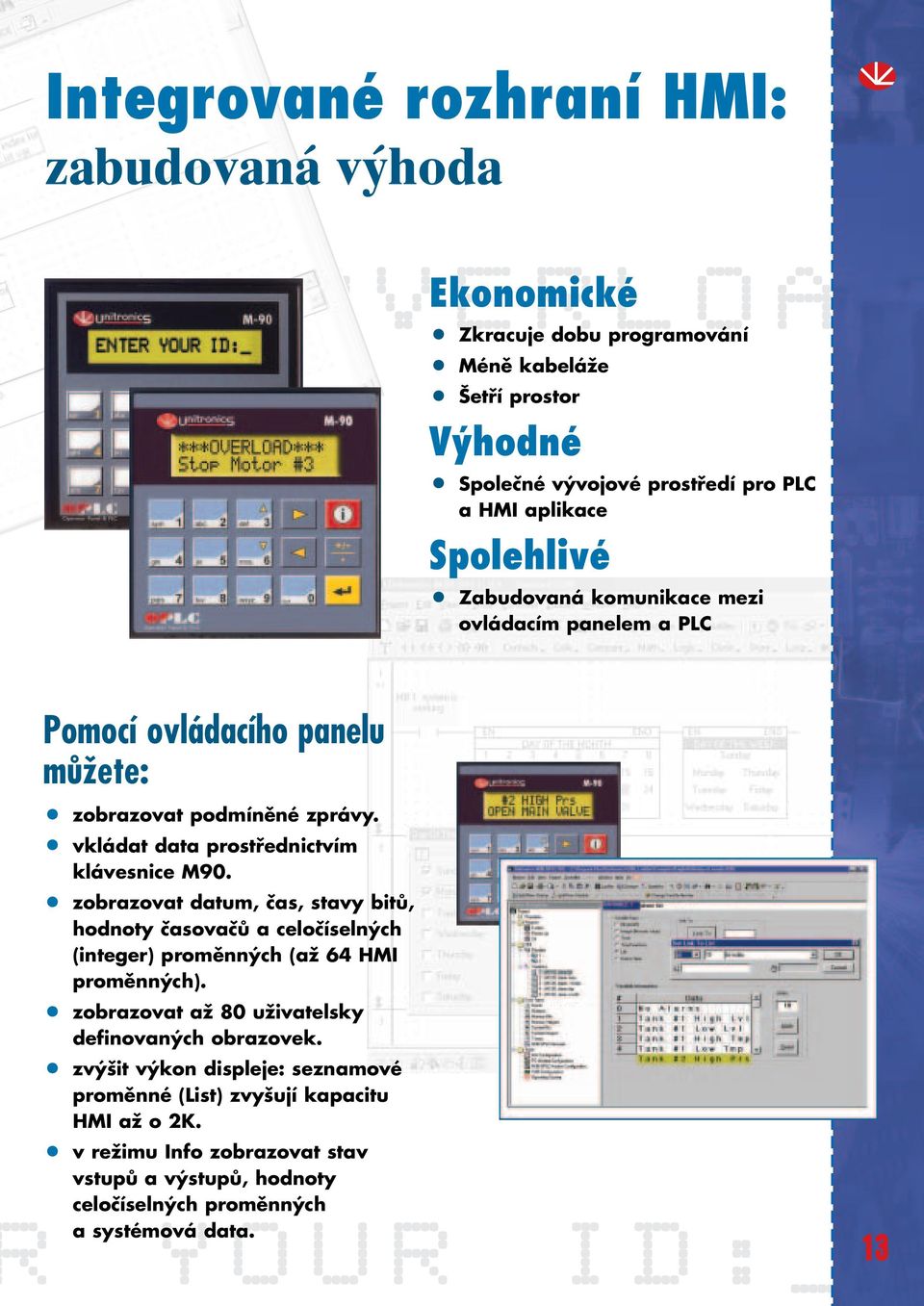 zobrazovat datum, čas, stavy bitů, hodnoty časovačů a celočíselných (integer) proměnných (až 64 HMI proměnných). zobrazovat až 80 uživatelsky definovaných obrazovek.
