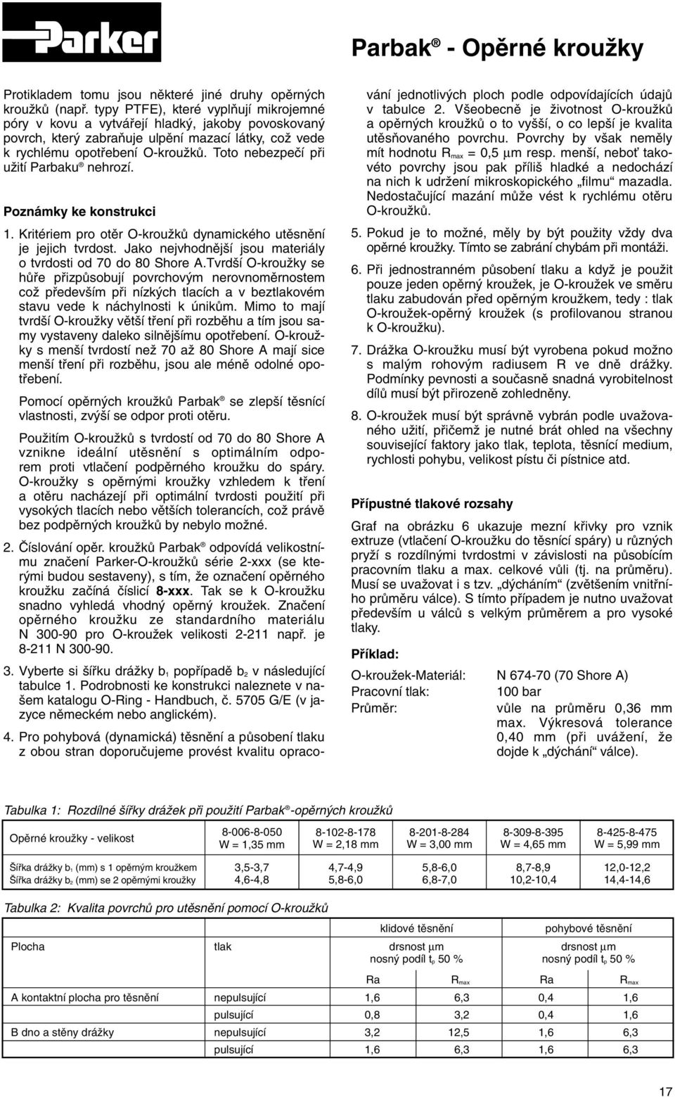 Toto nebezpeãí pfii uïití Parbaku nehrozí. Poznámky ke konstrukci 1. Kritériem pro otûr O-krouÏkÛ dynamického utûsnûní je jejich tvrdost.