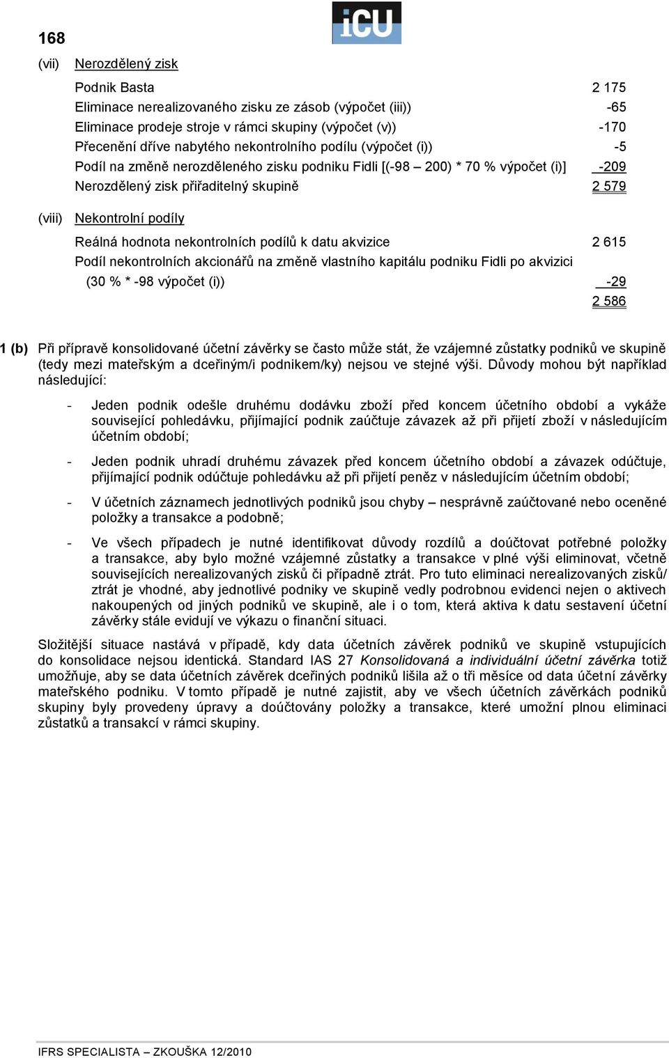 hodnota nekontrolních podílů k datu akvizice 2 615 Podíl nekontrolních akcionářů na změně vlastního kapitálu podniku Fidli po akvizici (30 % * -98 výpočet (i)) -29 2 586 1 (b) Při přípravě