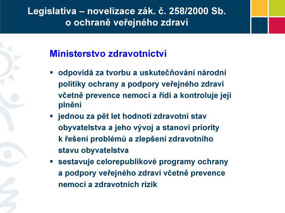 veřejného zdraví včetně prevence nemocí a řídí a kontroluje její plnění jednou za pět let hodnotí zdravotní stav