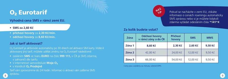 příchozí hovory za 2,30 Kč/min. odchozí hovory za 8,60 Kč/min. Odchozí hovory Příchozí Zóna v rámci zóny a do ČR hovory SMS MMS Jak si tarif aktivovat?