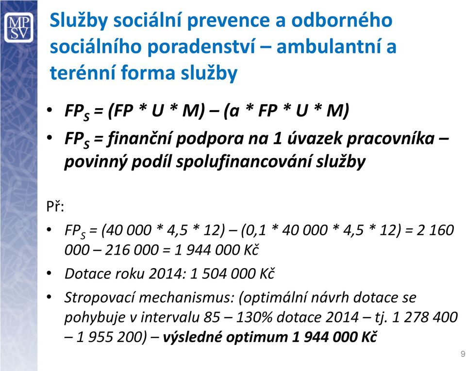 12) (0,1 * 40 000 * 4,5 * 12) = 2 160 000 216 000 = 1 944 000 Kč Dotace roku 2014: 1 504 000 Kč Stropovací mechanismus: