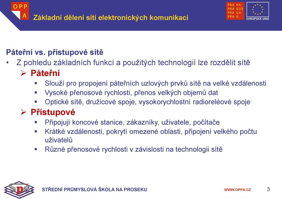 prvků sítě na velké vzdálenosti Vysoké přenosové rychlosti, přenos velkých objemů dat Optické sítě, družicové spoje, vysokorychlostní