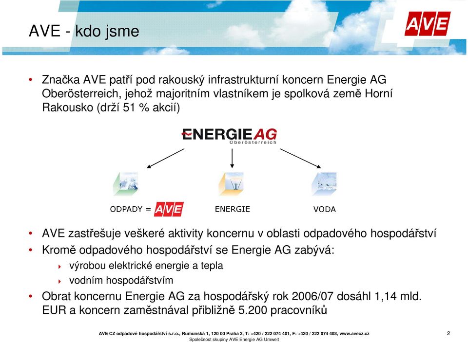 odpadového hospodářství Kromě odpadového hospodářství se Energie AG zabývá: výrobou elektrické energie a tepla vodním