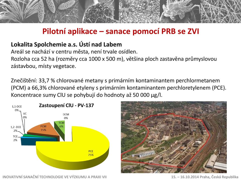 Znečištění: 33,7 % chlorované metany s primárním kontaminantem perchlormetanem (PCM) a 66,3% chlorované etyleny s