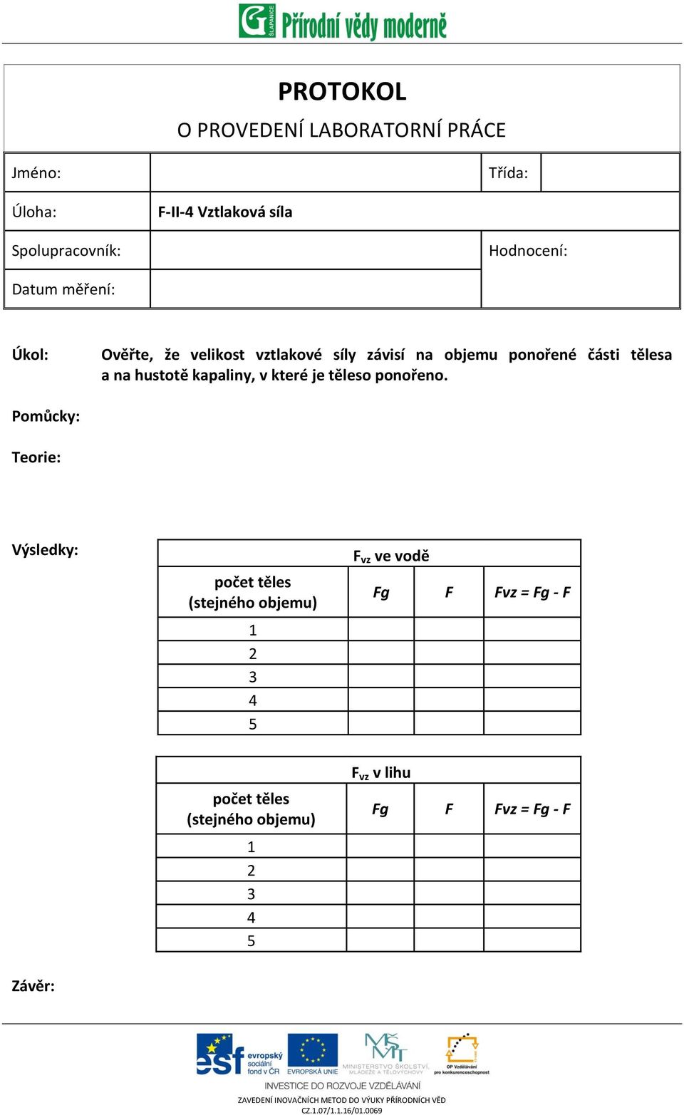 Pomůcky: Teorie: Výsledky: počet těles (stejného objemu) 1 2 3 4 5 F vz ve vodě Fg F Fvz = Fg - F počet těles (stejného