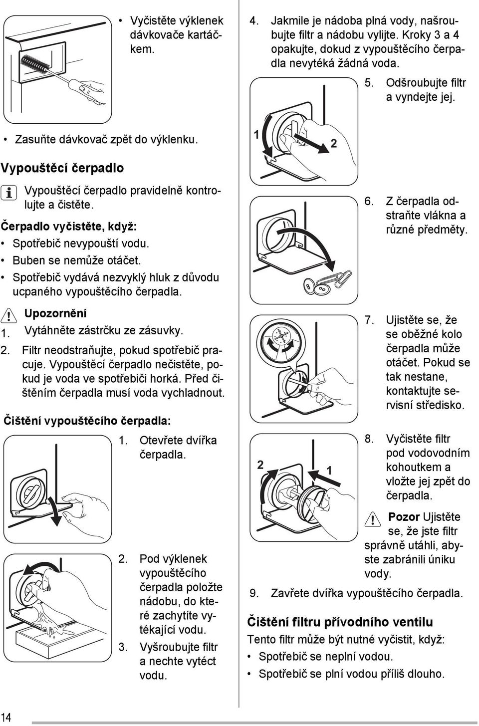 Buben se nemůže otáčet. Spotřebič vydává nezvyklý hluk z důvodu ucpaného vypouštěcího čerpadla. 6. Z čerpadla odstraňte vlákna a různé předměty. Upozornění 1. Vytáhněte zástrčku ze zásuvky. 2.
