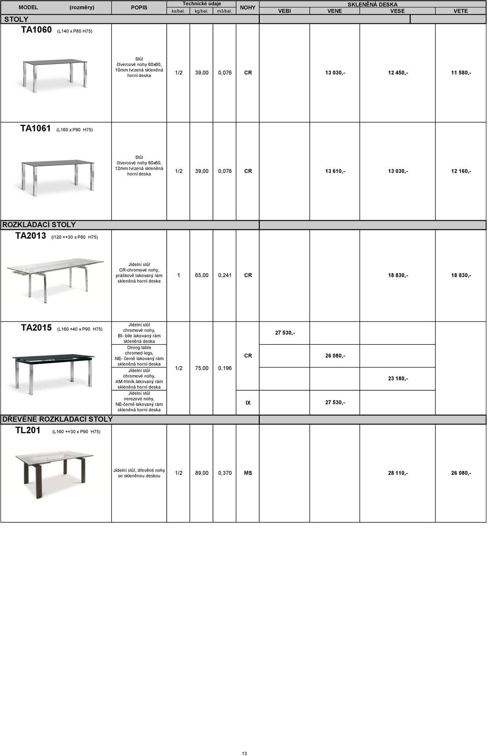 18 830,- 18 830,- TA015 (L160 +40 x P90 H75) DŘEVĚNÉ ROZKLÁDACÍ STOLY chromové nohy, BI- bíle lakovaný rám skleněná deska Dining table chromed legs, NE- černě lakovaný rám chromové nohy,