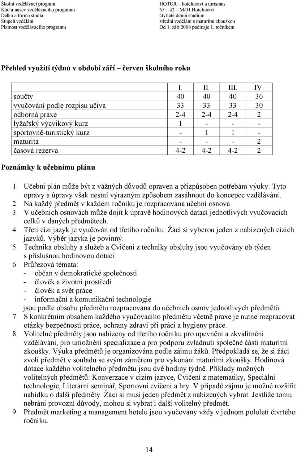 2 Poznámky k učebnímu plánu 1. Učební plán může být z vážných důvodů opraven a přizpůsoben potřebám výuky. Tyto opravy a úpravy však nesmí výrazným způsobem zasáhnout do koncepce vzdělávání. 2.