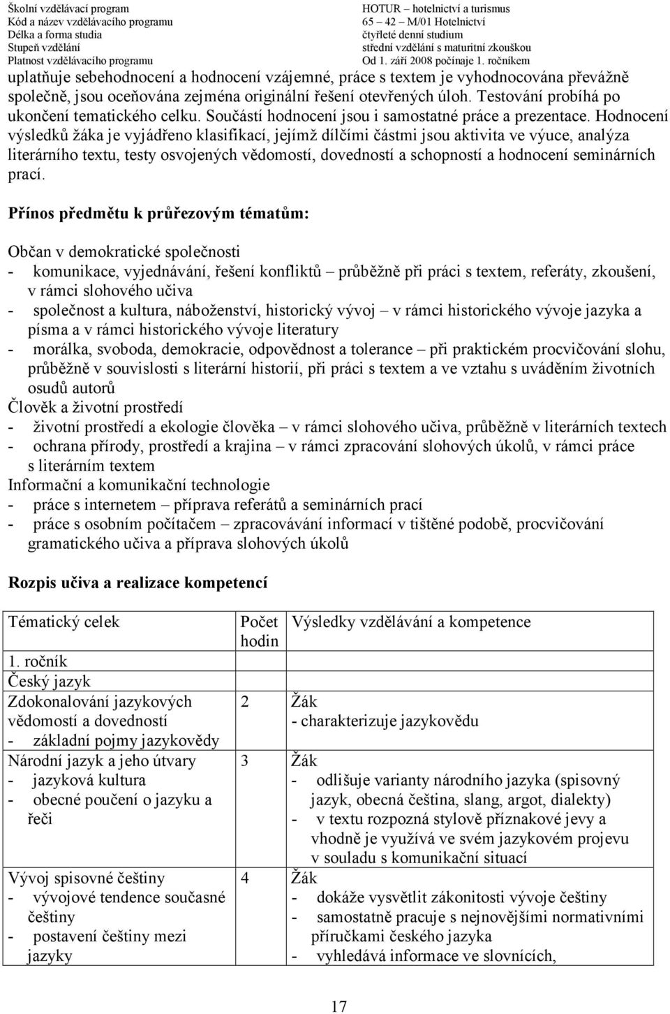 Hodnocení výsledků žáka je vyjádřeno klasifikací, jejímž dílčími částmi jsou aktivita ve výuce, analýza literárního textu, testy osvojených vědomostí, dovedností a schopností a hodnocení seminárních