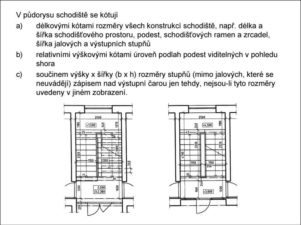 relativními výškovými kótami úroveň podlah podest viditelných v pohledu shora c) součinem výšky x šířky (b x h)