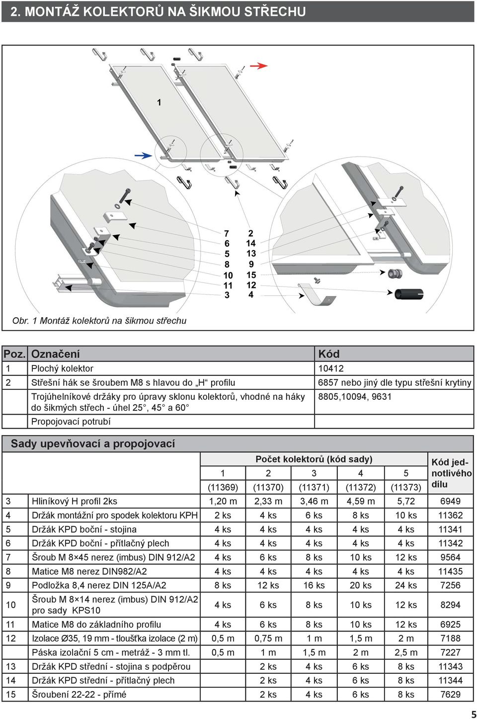 8805,10094, 9631 do šikmých střech - úhel 25, 45 a 60 Propojovací potrubí Sady upevňovací a propojovací Počet kolektorů (kód sady) Kód jednotlivého 1 2 3 4 5 (11369) (11370) (11371) (11372) (11373)