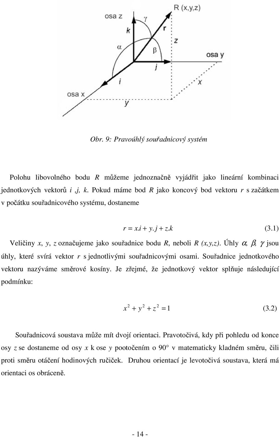 Úhly α, β, γ jsou úhly, které svírá vektor r s jednotlvým souřadncovým osam. Souřadnce jednotkového vektoru nazýváme směrové kosíny.