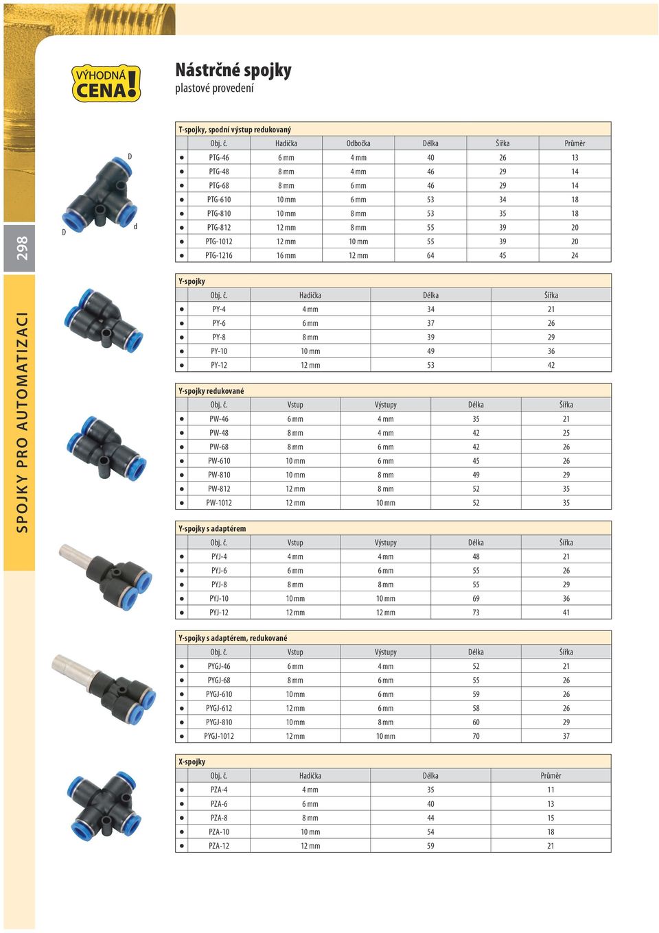 PTG-1012 12 mm 10 mm 55 39 20 PTG-1216 16 mm 12 mm 64 45 24 Y-spojky Obj. č.