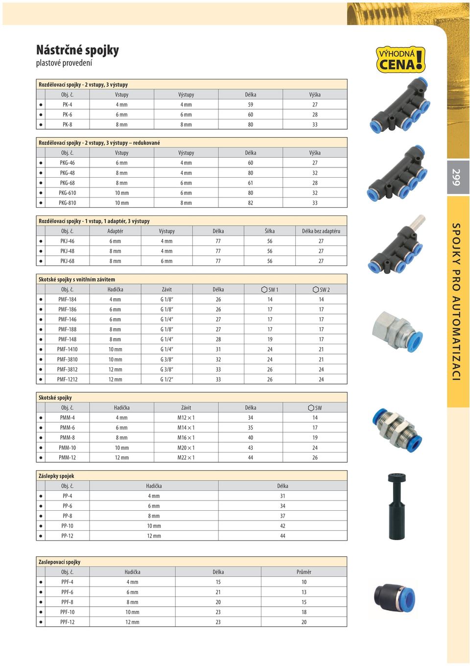 Vstupy Výstupy Délka Výška PKG-46 6 mm 4 mm 60 27 PKG-48 8 mm 4 mm 80 32 PKG-68 8 mm 6 mm 61 28 PKG-610 10 mm 6 mm 80 32 PKG-810 10 mm 8 mm 82 33 Rozdělovací spojky - 1 vstup, 1 adaptér, 3 výstupy