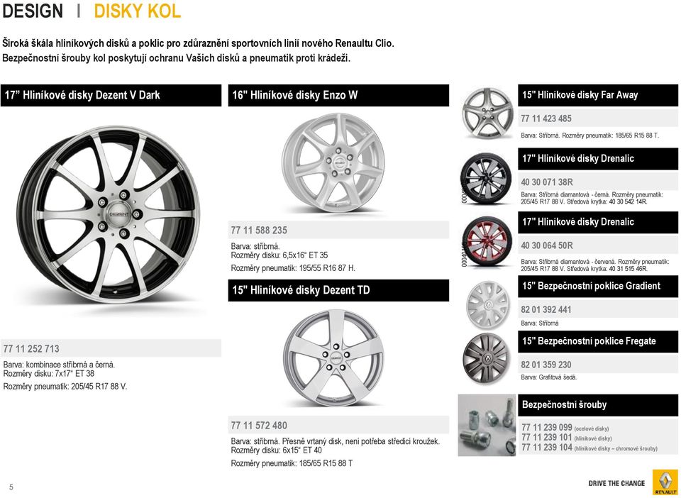 17 Hliníkové disky Dezent V Dark 16" Hliníkové disky Enzo W 15" Hliníkové disky Far Away 77 11 423 485 Barva: Stříbrná. Rozměry pneumatik: 185/65 R15 88 T.