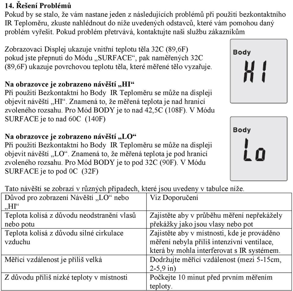 Pokud problém přetrvává, kontaktujte naši službu zákazníkům Zobrazovaci Displej ukazuje vnitřní teplotu těla 32C (89,6F) pokud jste přepnuti do Módu SURFACE, pak naměřených 32C (89,6F) ukazuje