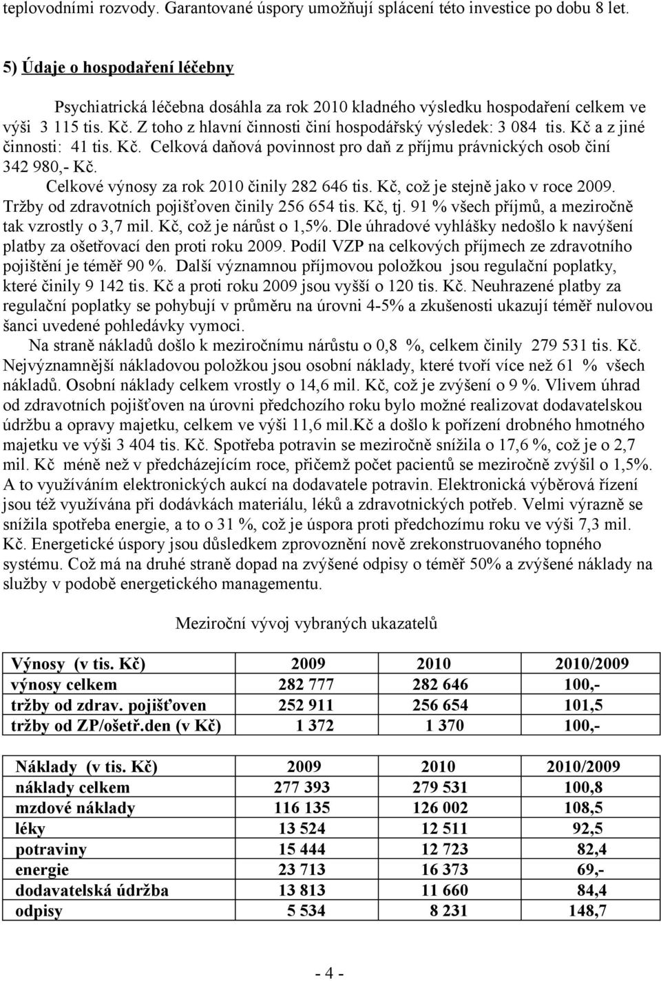 Kč a z jiné činnosti: 41 tis. Kč. Celková daňová povinnost pro daň z příjmu právnických osob činí 342 980,- Kč. Celkové výnosy za rok 2010 činily 282 646 tis. Kč, což je stejně jako v roce 2009.