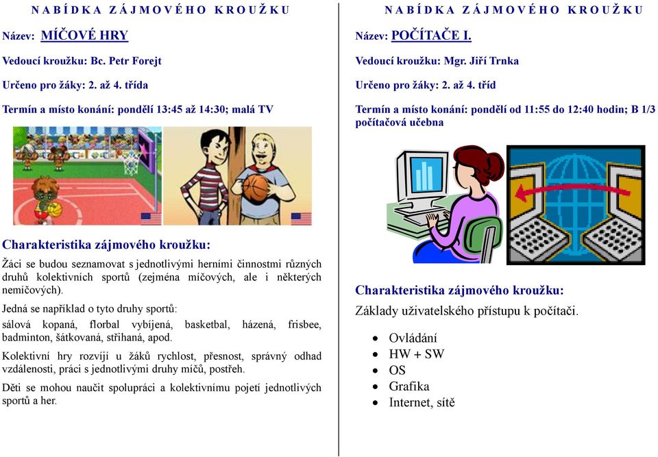 tříd Termín a místo konání: pondělí od 11:55 do 12:40 hodin; B 1/3 počítačová učebna Žáci se budou seznamovat s jednotlivými herními činnostmi různých druhů kolektivních sportů (zejména míčových, ale