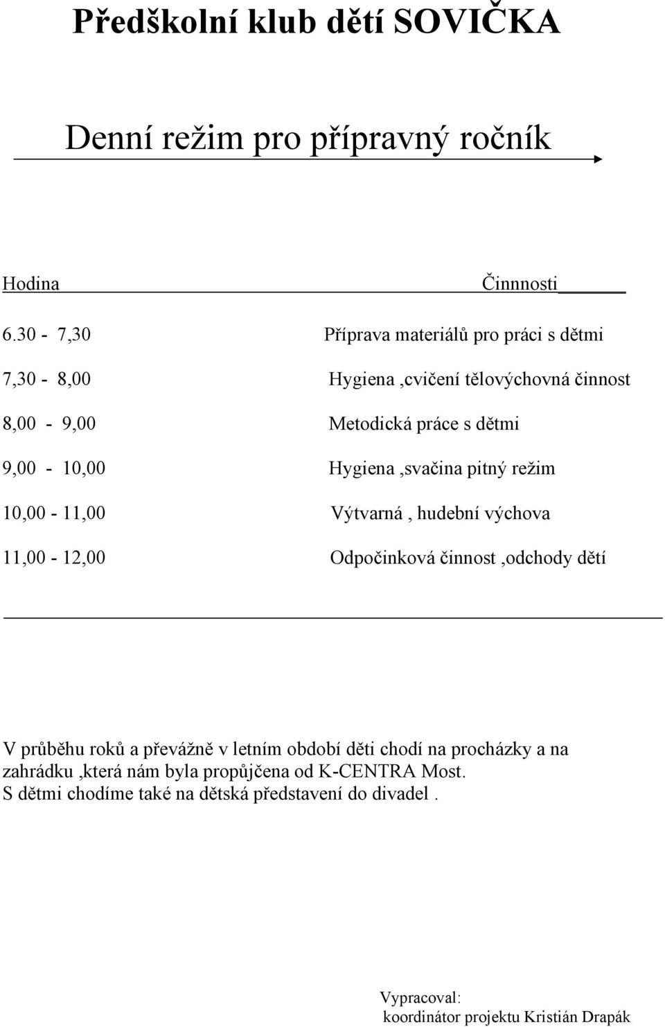 dětmi 9,00-10,00 Hygiena,svačina pitný režim 10,00-11,00 Výtvarná, hudební výchova 11,00-12,00 Odpočinková