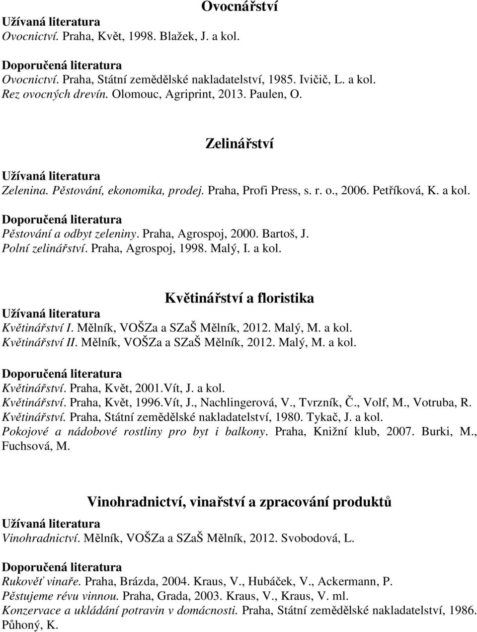 Praha, Agrospoj, 1998. Malý, I. a kol. Květinářství a floristika Květinářství I. Mělník, VOŠZa a SZaŠ Mělník, 2012. Malý, M. a kol. Květinářství II. Mělník, VOŠZa a SZaŠ Mělník, 2012. Malý, M. a kol. Květinářství. Praha, Květ, 2001.