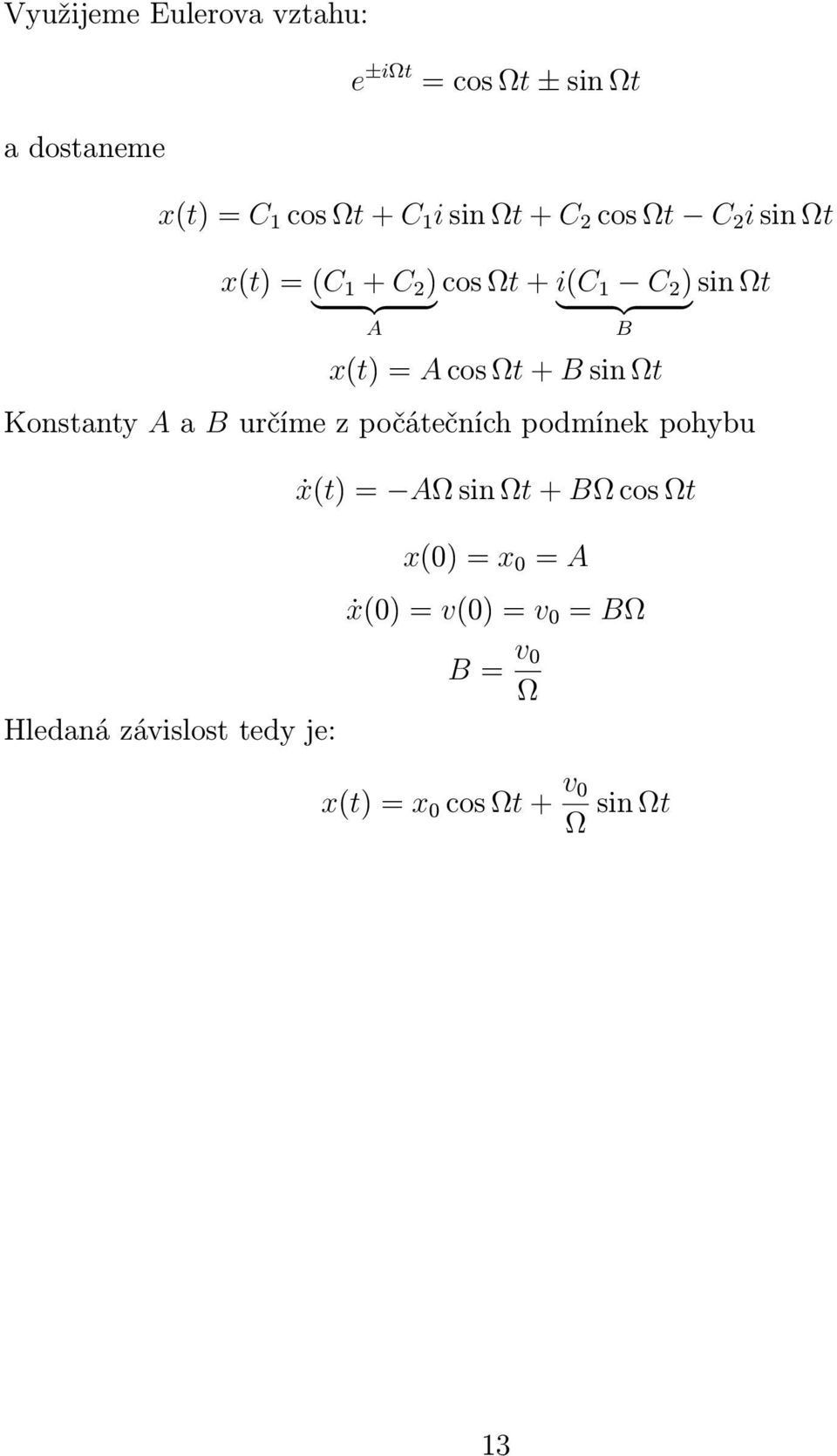 Ωt + B sin Ωt Konstanty A a B určíme z počátečních podmínek pohybu Hledaná závislost tedy je: ẋ(t) =