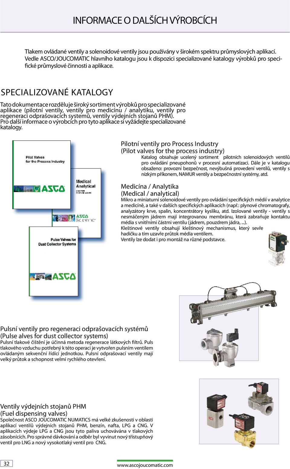 SPECIALIZOVANÉ KATALOGY Tato dokumentace rozděluje široký sortiment výrobků pro specializované aplikace (pilotní ventily, ventily pro medicínu / analytiku, ventily pro regeneraci odprašovacích