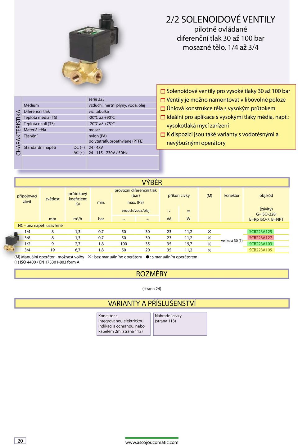 tabulka -20 C až +90 C -20 C až +75 C mosaz nylon (PA) polytetrafluoroethylene (PTFE) 24-48V 24-115 - 230V / 50Hz 1 Solenoidové ventily pro vysoké tlaky 30 až 100 bar 1 Ventily je možno namontovat v