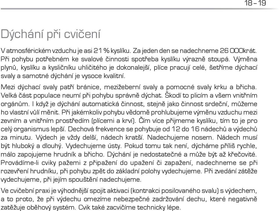 Mezi dýchací svaly patří bránice, mezižeberní svaly a pomocné svaly krku a břicha. Velká část populace neumí při pohybu správně dýchat. Škodí to plicím a všem vnitřním orgánům.