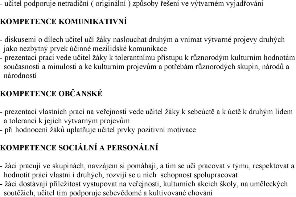 různorodých skupin, národů a národností KOMPETENCE OBČANSKÉ - prezentací vlastních prací na veřejnosti vede učitel žáky k sebeúctě a k úctě k druhým lidem a toleranci k jejich výtvarným projevům -