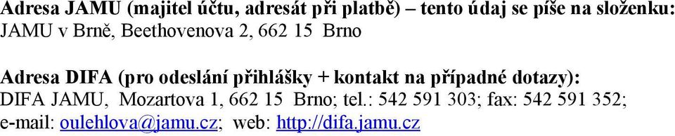 přihlášky + kontakt na případné dotazy): DIFA JAMU, Mozartova 1, 662 15 Brno;