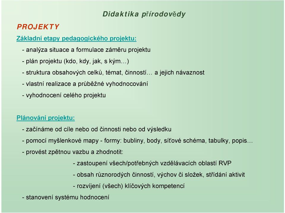 činnosti nebo od výsledku - pomocí myšlenkové mapy - formy: bubliny, body, síťové schéma, tabulky, popis - provést zpětnou vazbu a zhodnotit: - zastoupení