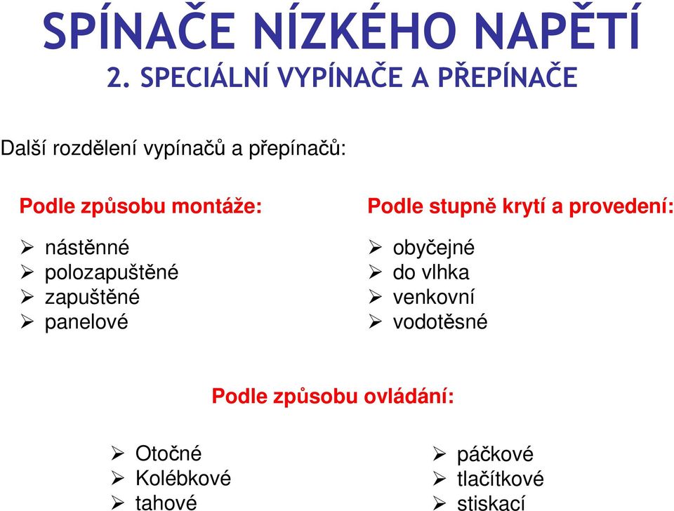 a provedení: obyčejné do vlhka venkovní vodotěsné Podle