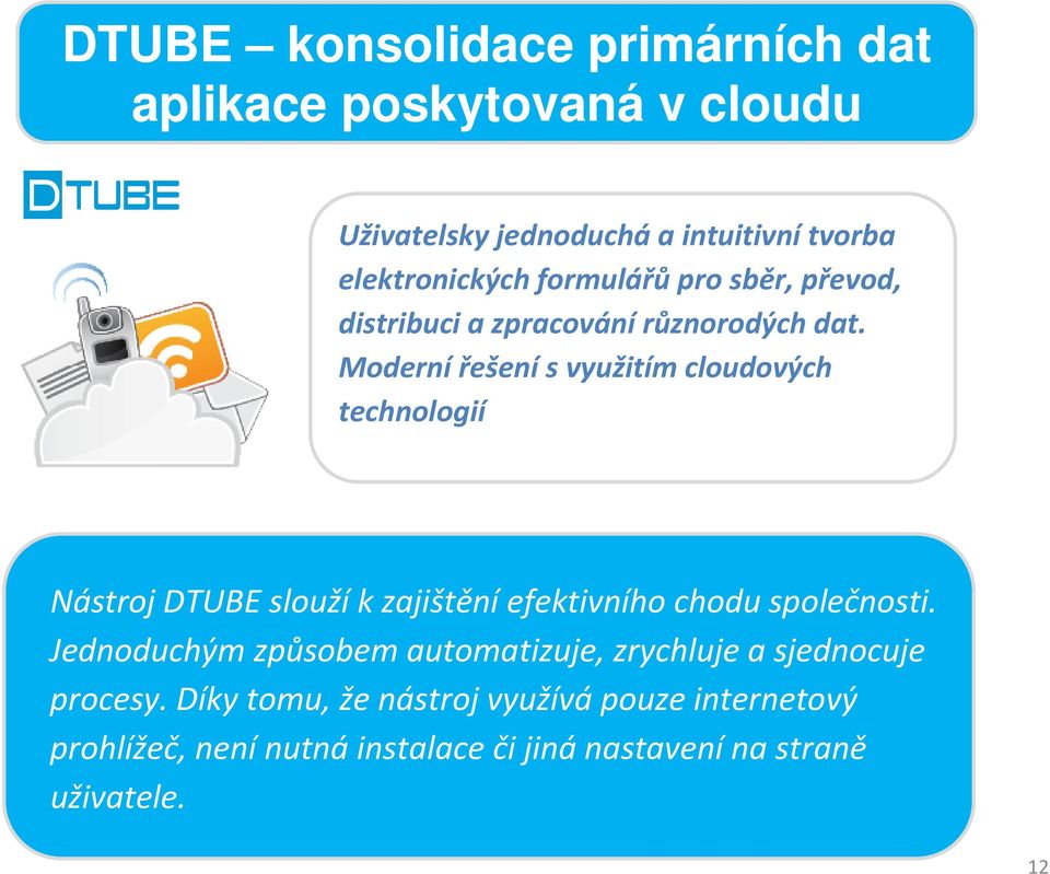 Moderní řešení s využitím cloudových technologií Nástroj DTUBE slouží k zajištění efektivního chodu společnosti.